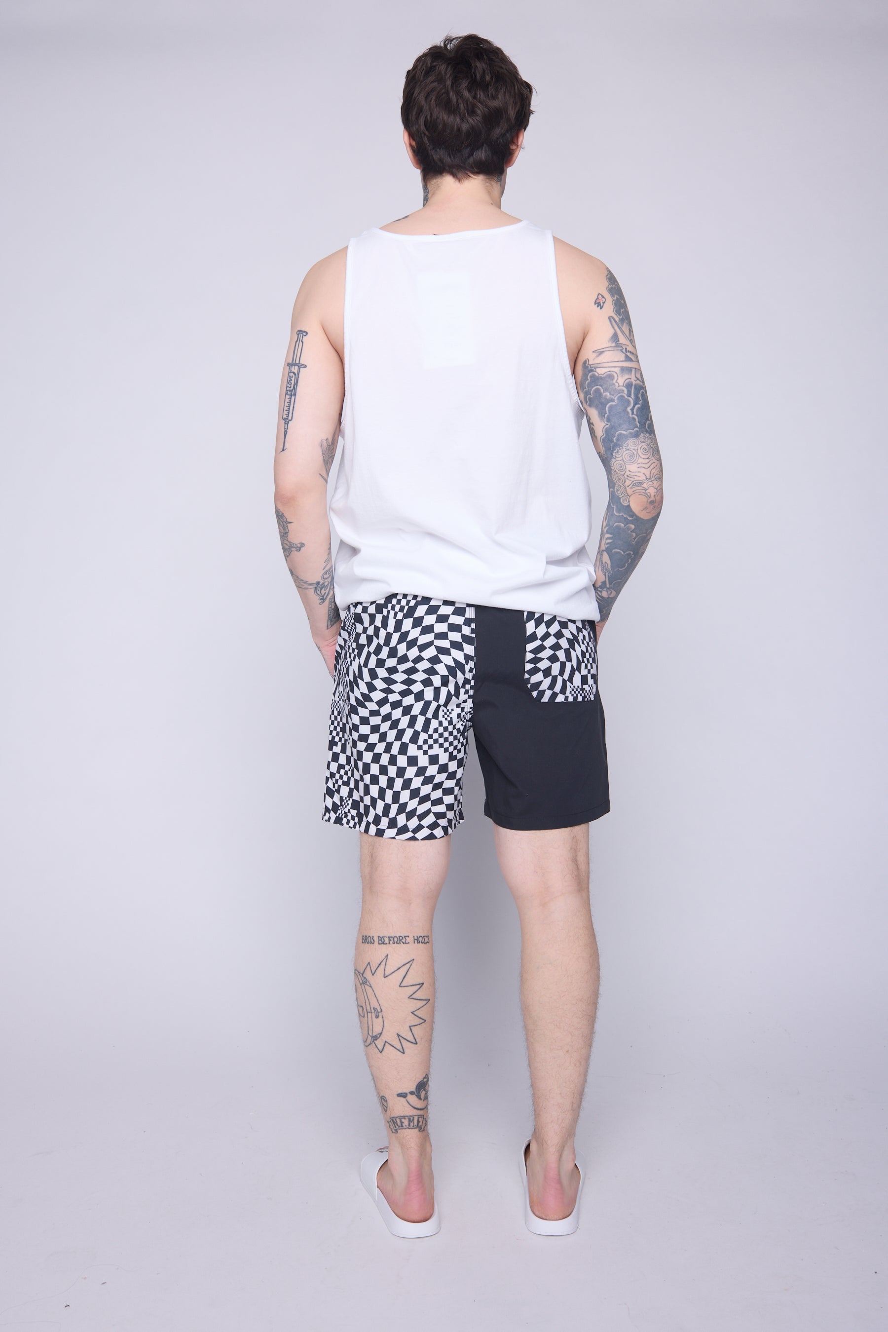 Vision Street Wear Checker/Logo Asymmetrical Swim Shorts Ivory