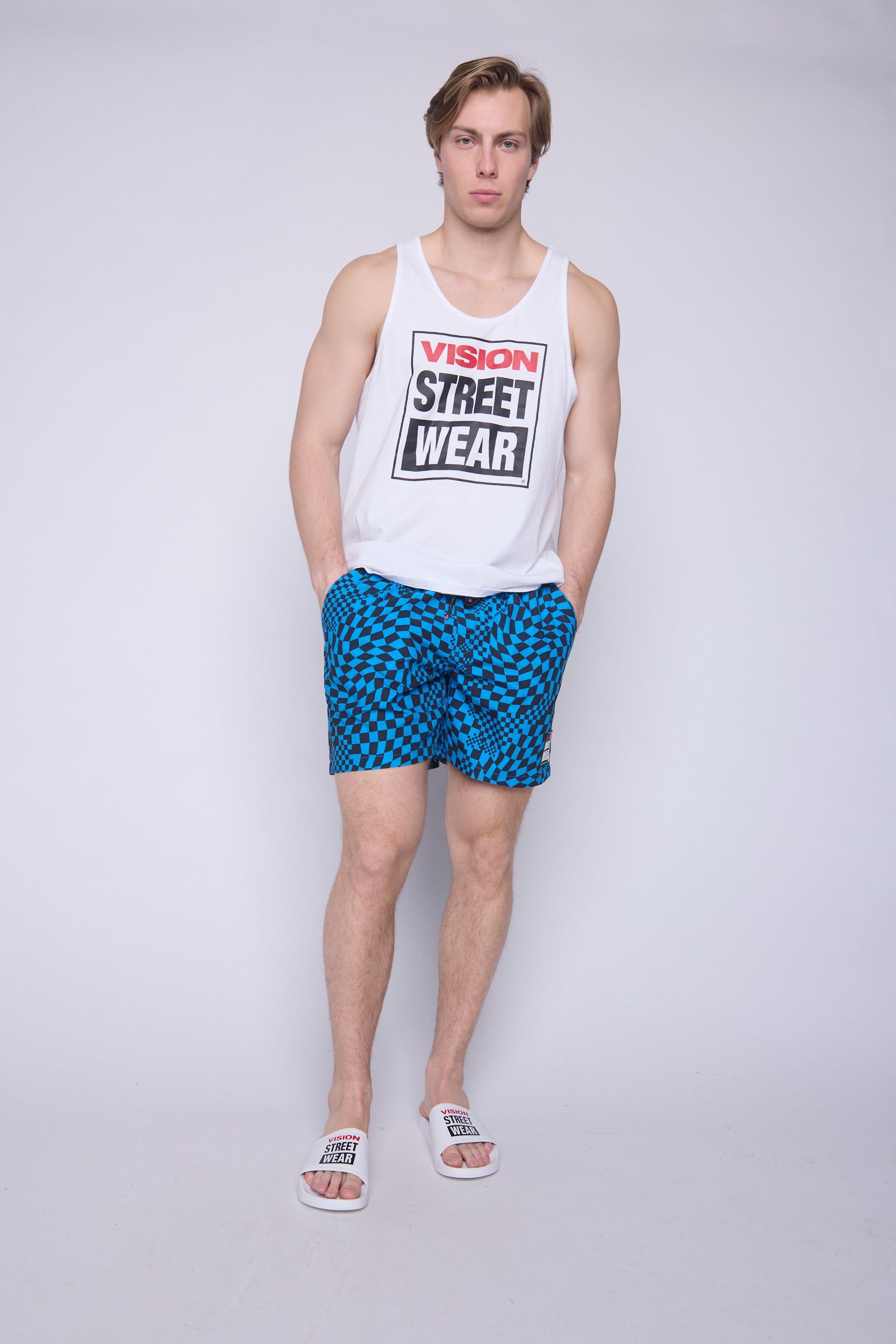 Vision Street Wear AOP Spiral Checker Swim Shorts Blue