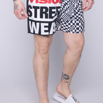 Vision Street Wear Checker/Logo Asymmetrical Swim Shorts Ivory