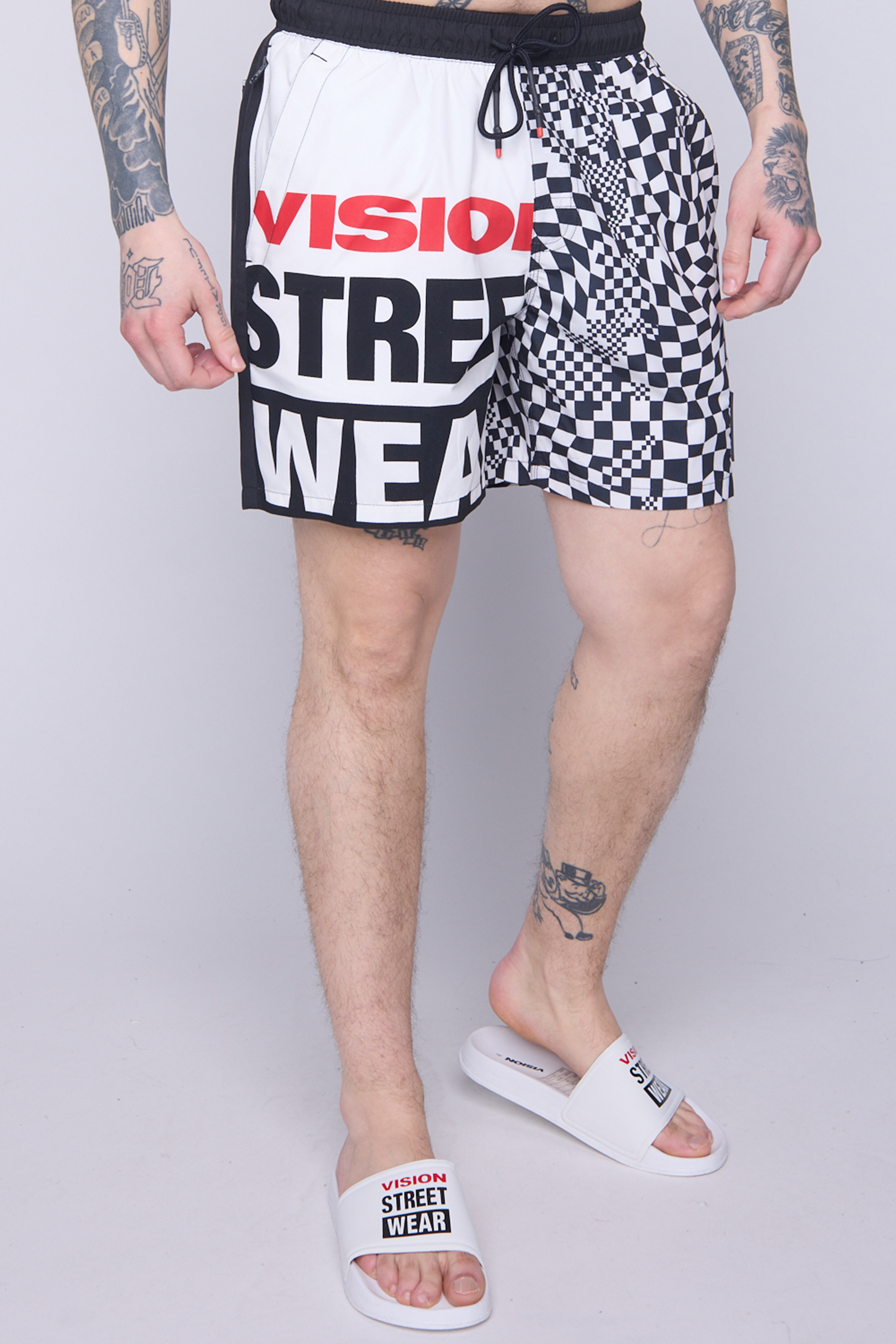 Vision Street Wear Checker/Logo Asymmetrical Swim Shorts Ivory