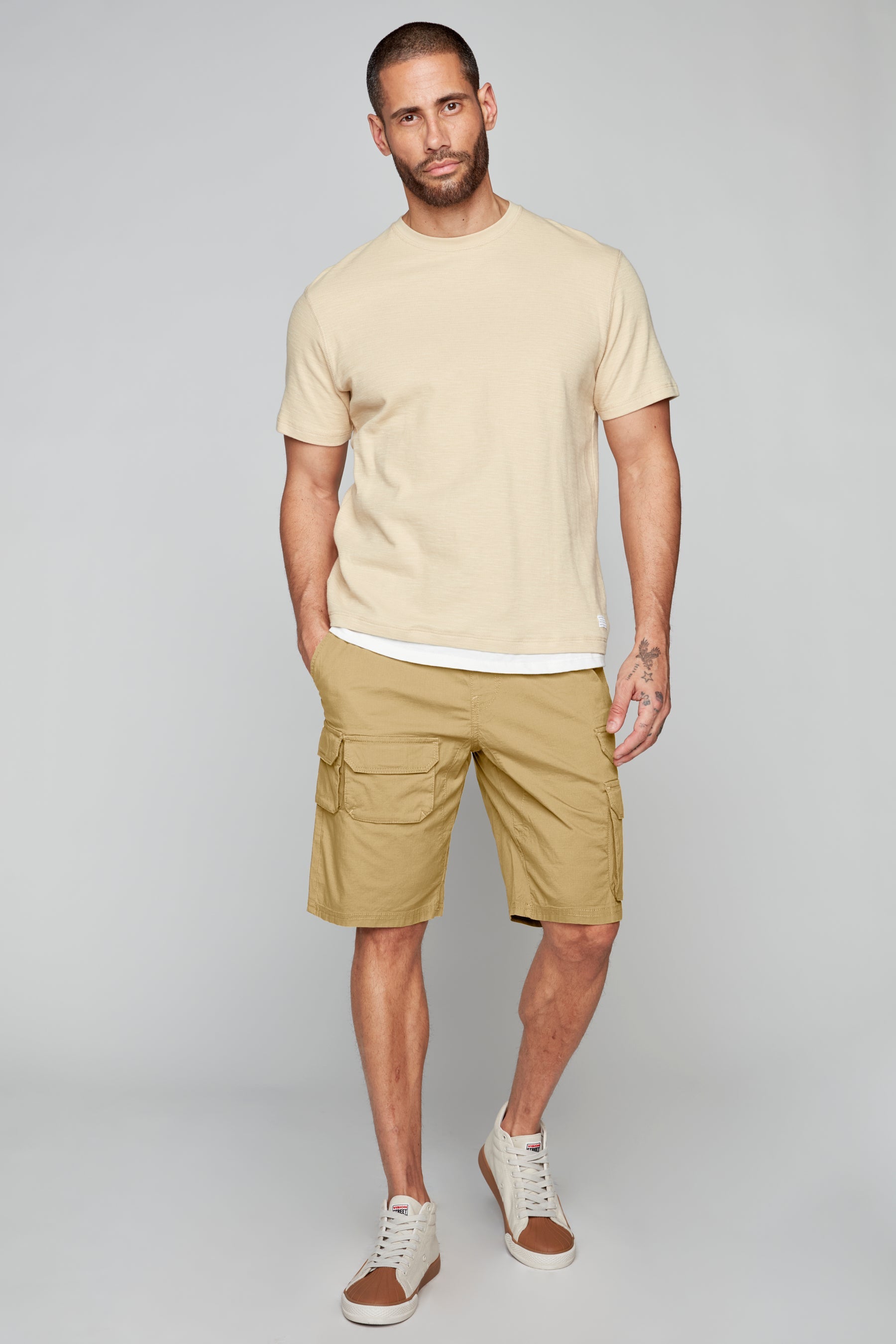 JUDE - Mens Multi Cargo Ripstop Shorts - Beige - DENIM SOCIETY