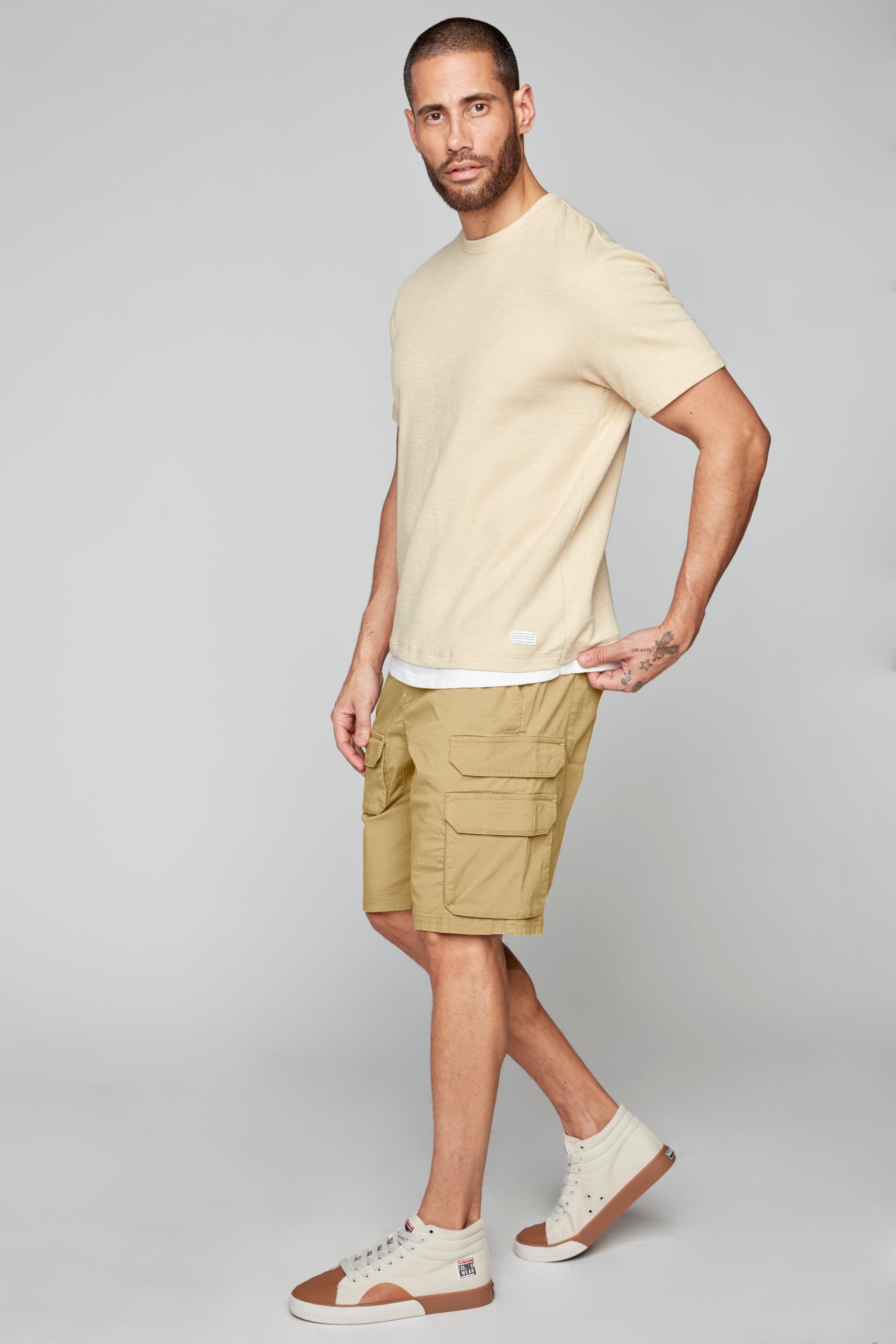 JUDE - Mens Multi Cargo Ripstop Shorts - Beige - DENIM SOCIETY