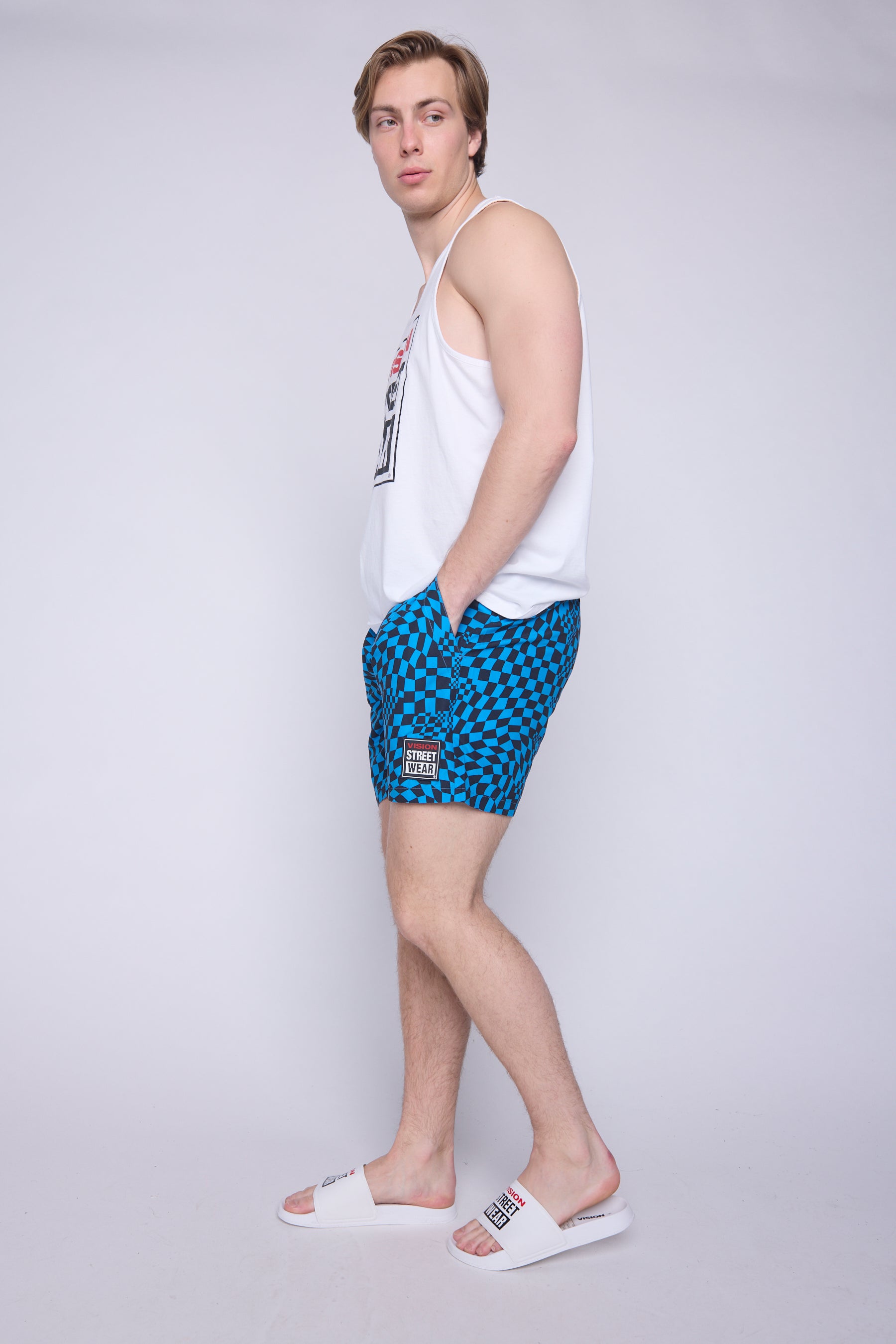 Vision Street Wear AOP Spiral Checker Swim Shorts Blue