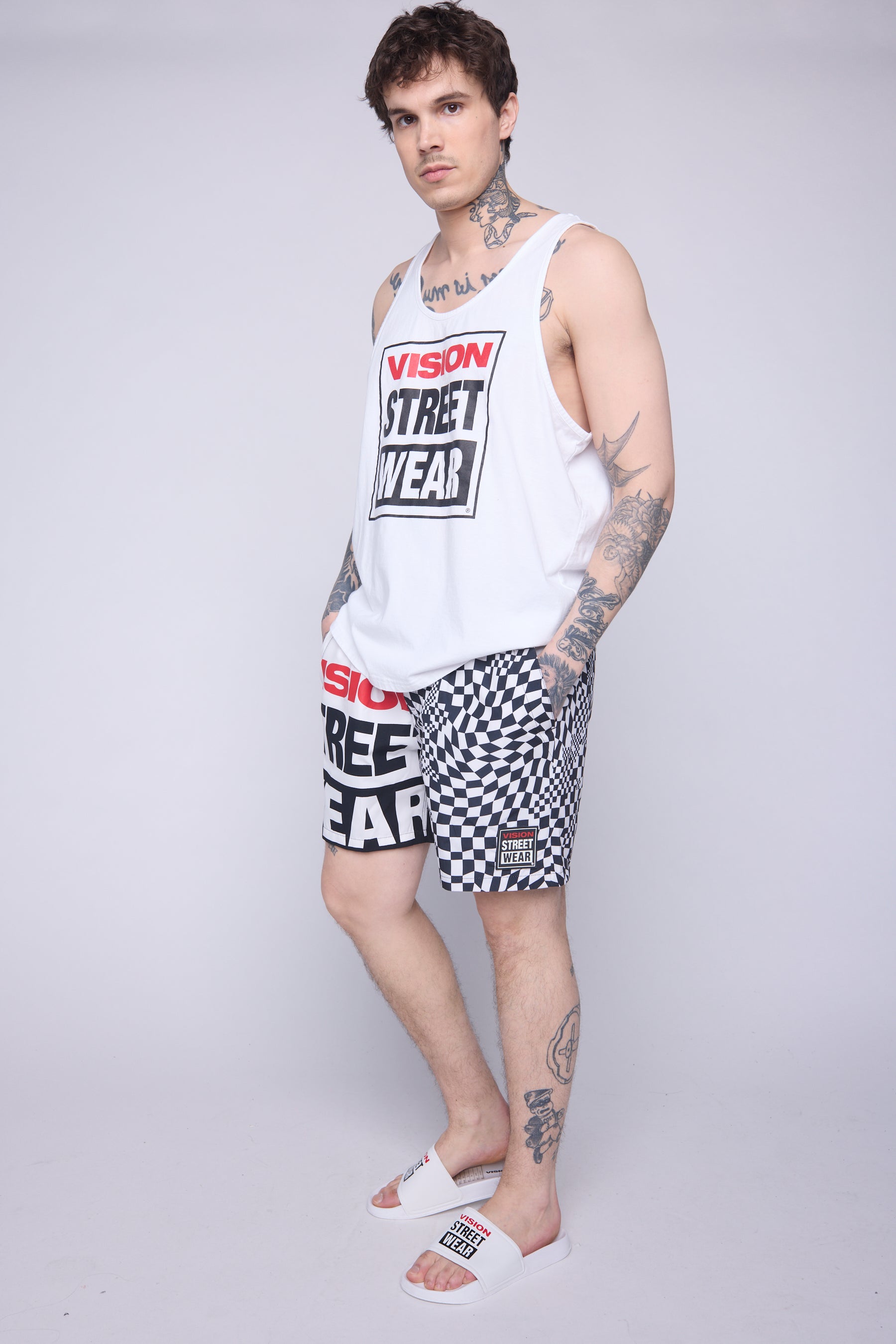 Vision Street Wear Checker/Logo Asymmetrical Swim Shorts Ivory