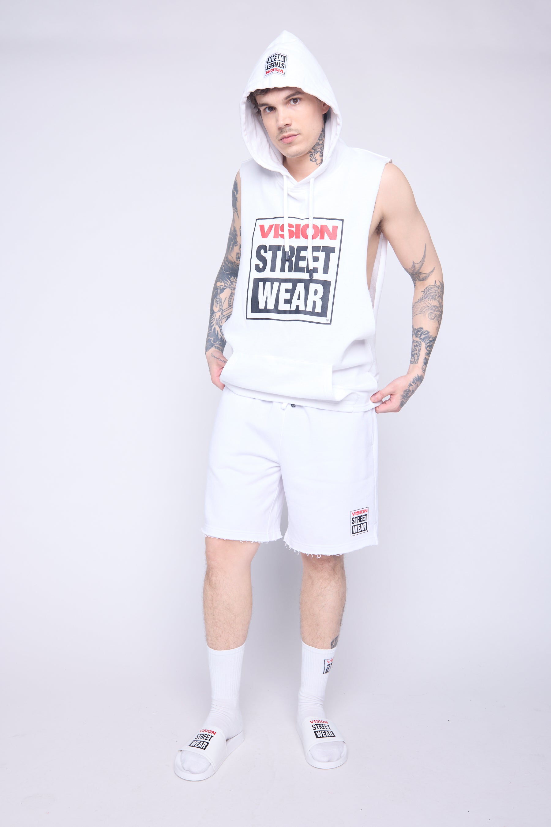 Vision Street Wear Printed Box Logo Sleeveless Hoodie Ivory