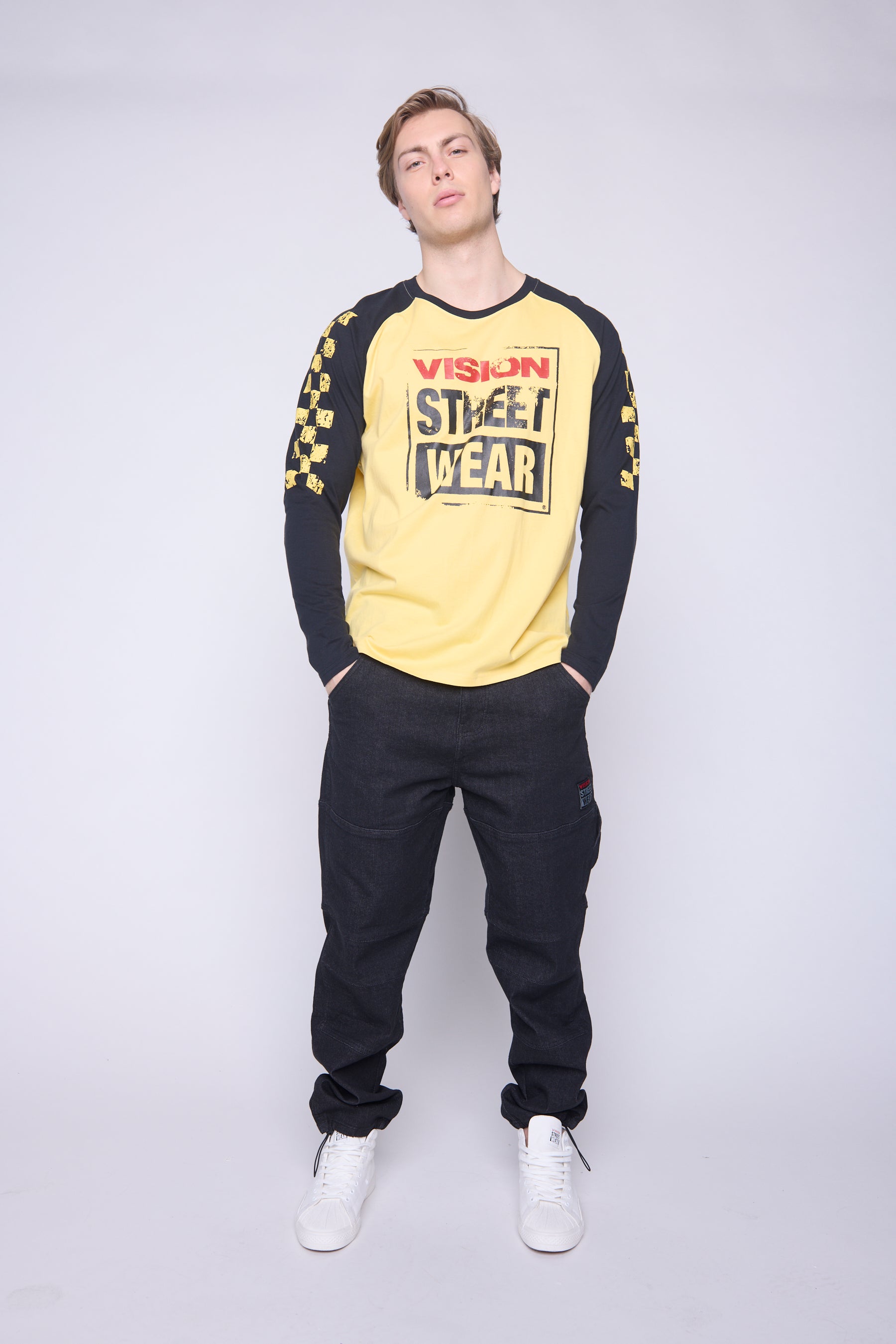 Vision Street Wear Checker Print Sleeve Logo T-Shirt Yellow & Black