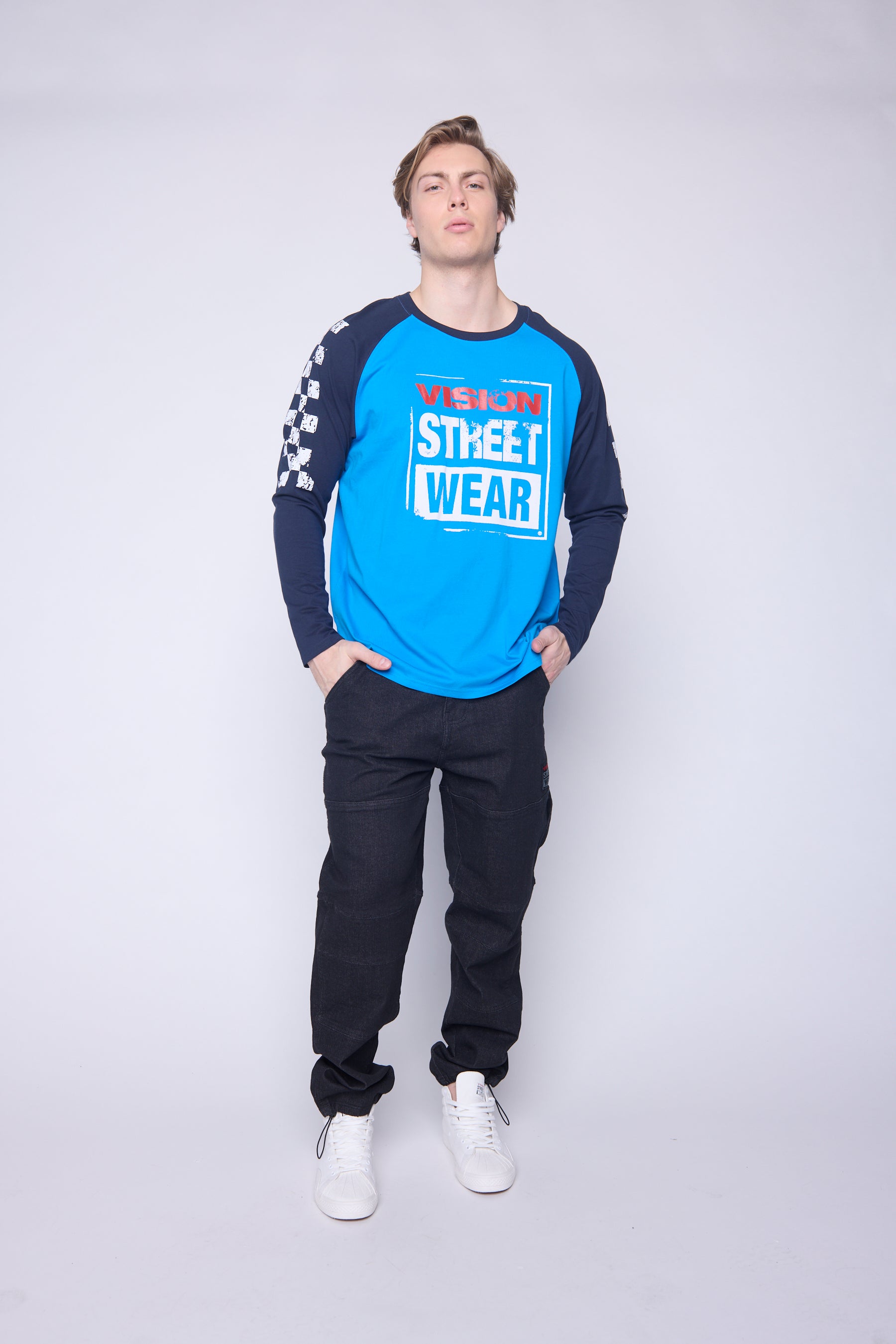 Vision Street Wear Checker Print Sleeve Logo T-Shirt Blue & Navy