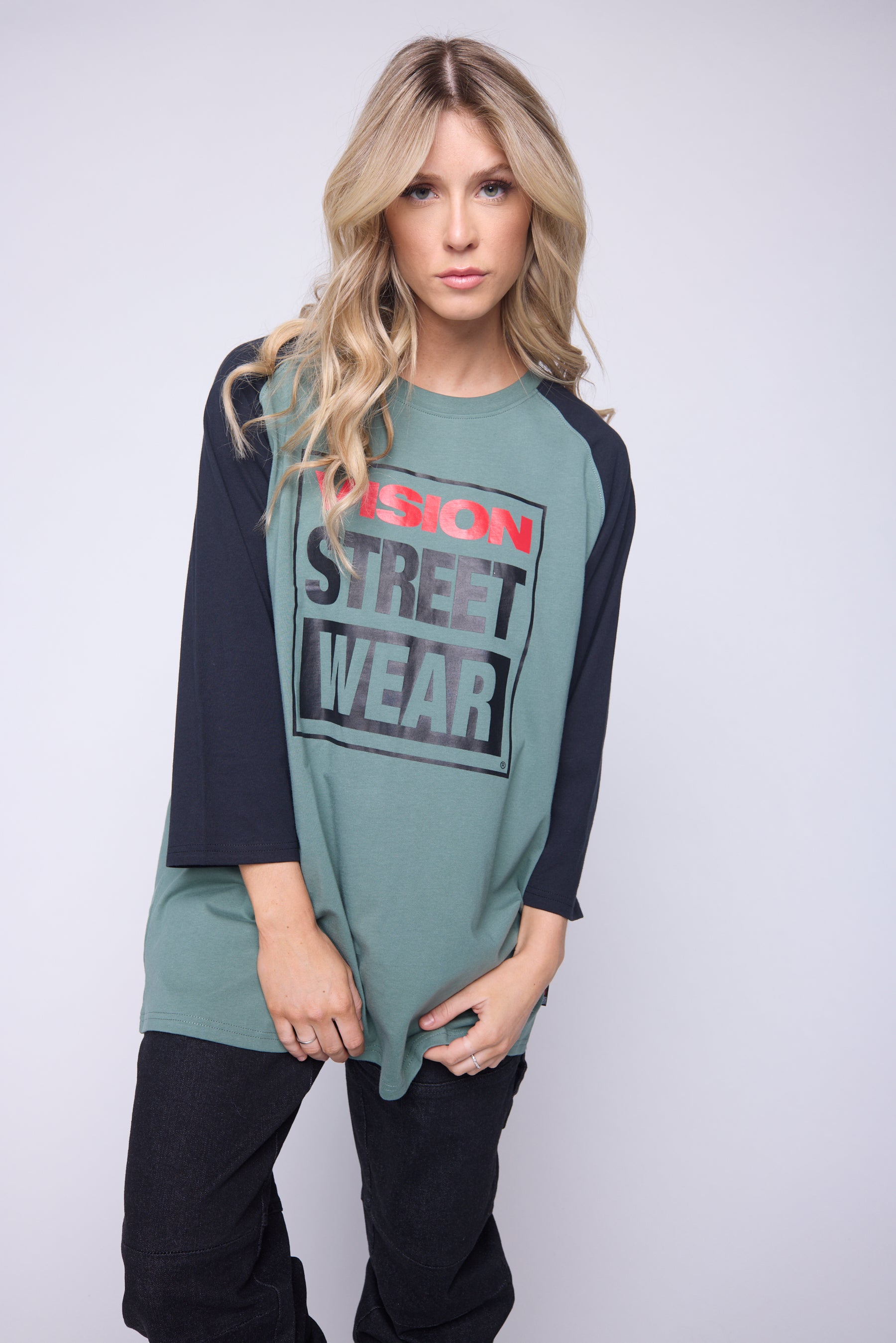 Vision Street Wear 3/4 Raglan Sleeve Box Logo Print Moss