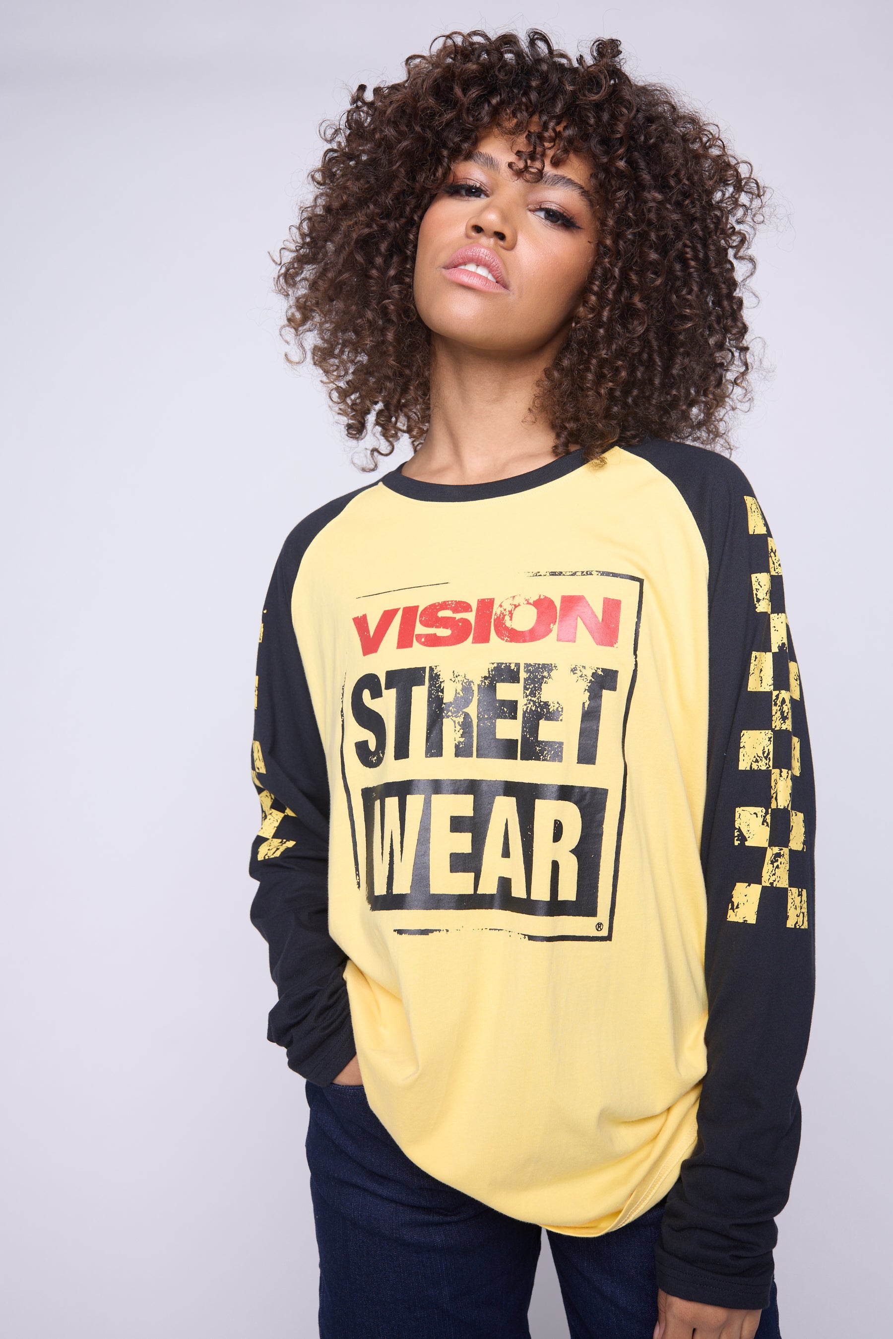 Vision Street Wear Checker Print Sleeve Logo T-Shirt Yellow & Black