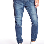 HENDRIX - 5 Pocket  Moto Stitch Jogger - Vintage Medium Blue - DENIM SOCIETY™