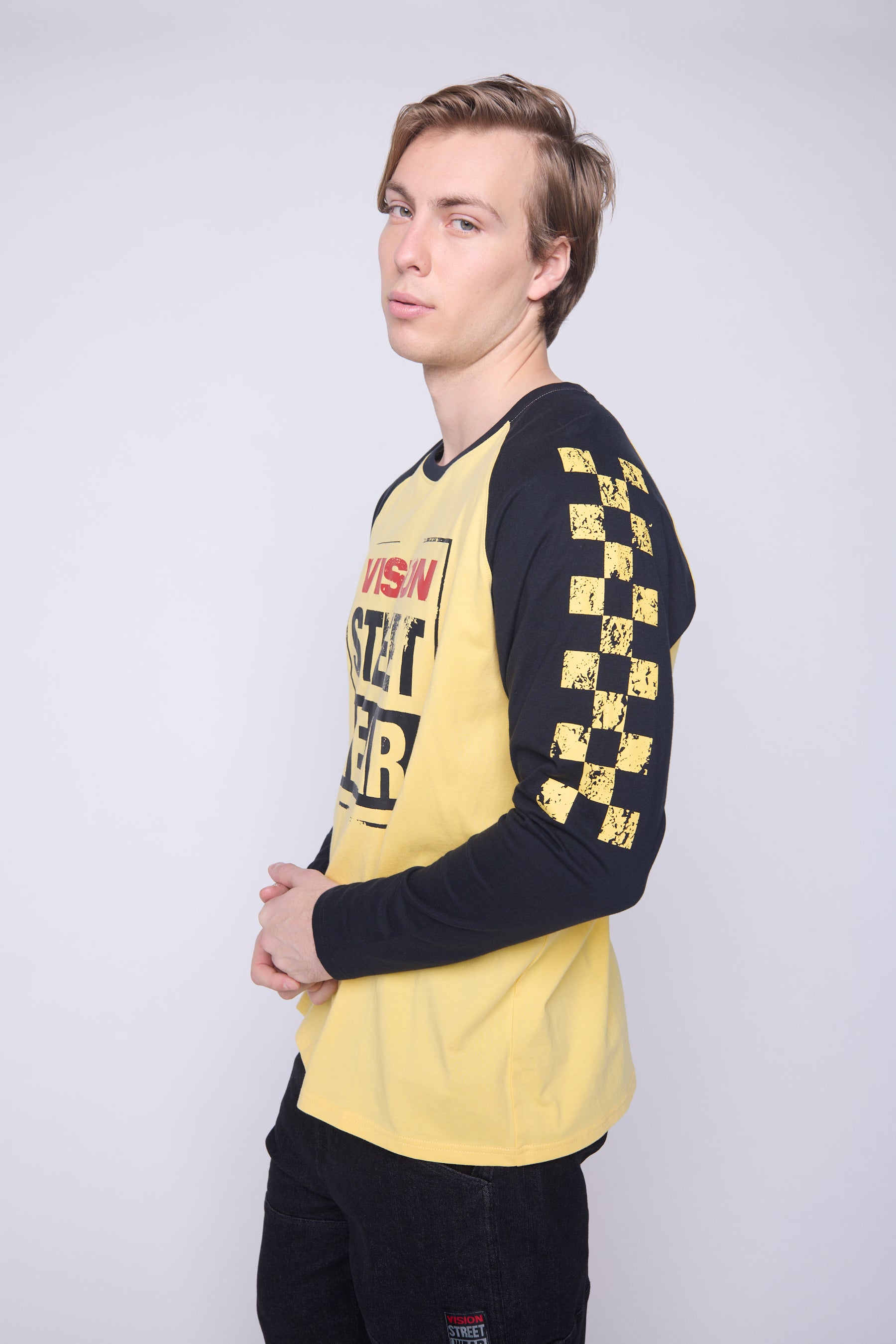 Vision Street Wear Checker Print Sleeve Logo T-Shirt Yellow & Black