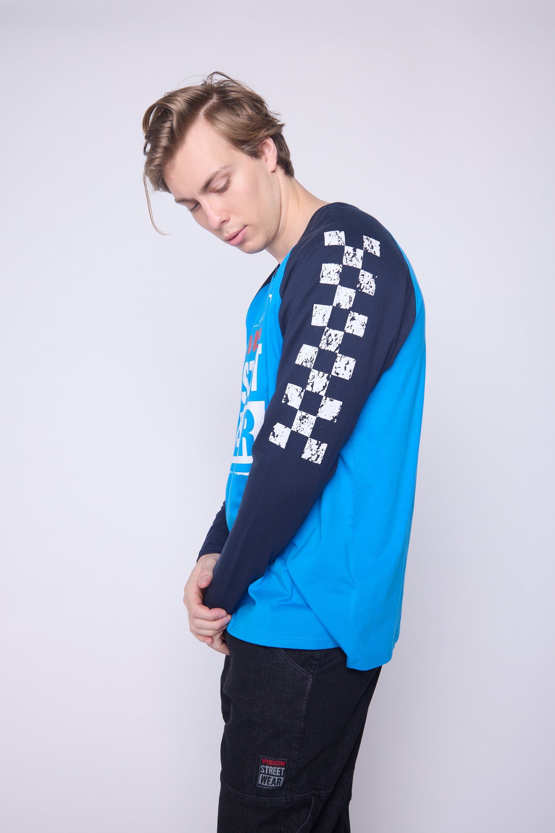 Vision Street Wear Checker Print Sleeve Logo T-Shirt Blue & Navy