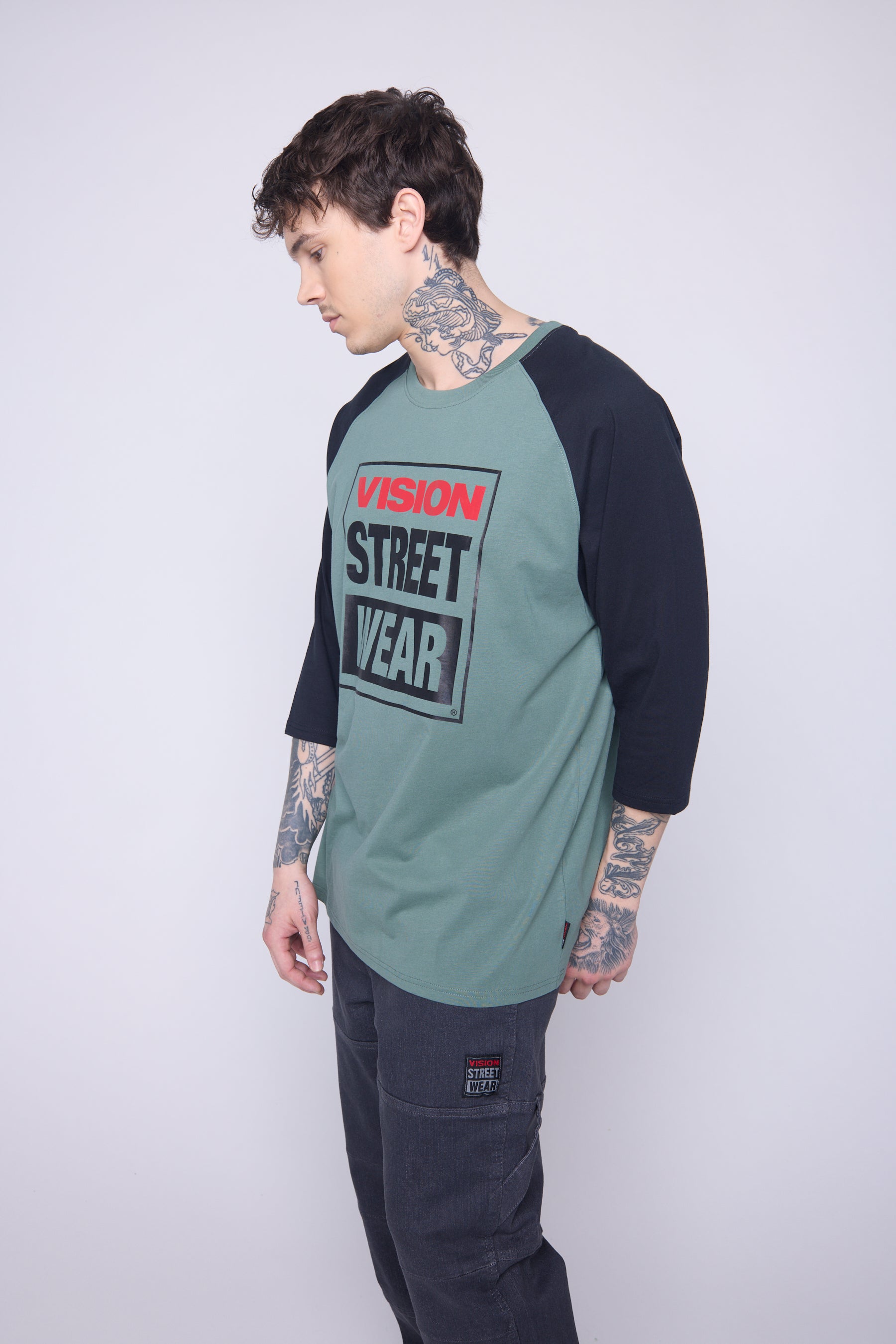 Vision Street Wear 3/4 Raglan Sleeve Box Logo Print Moss