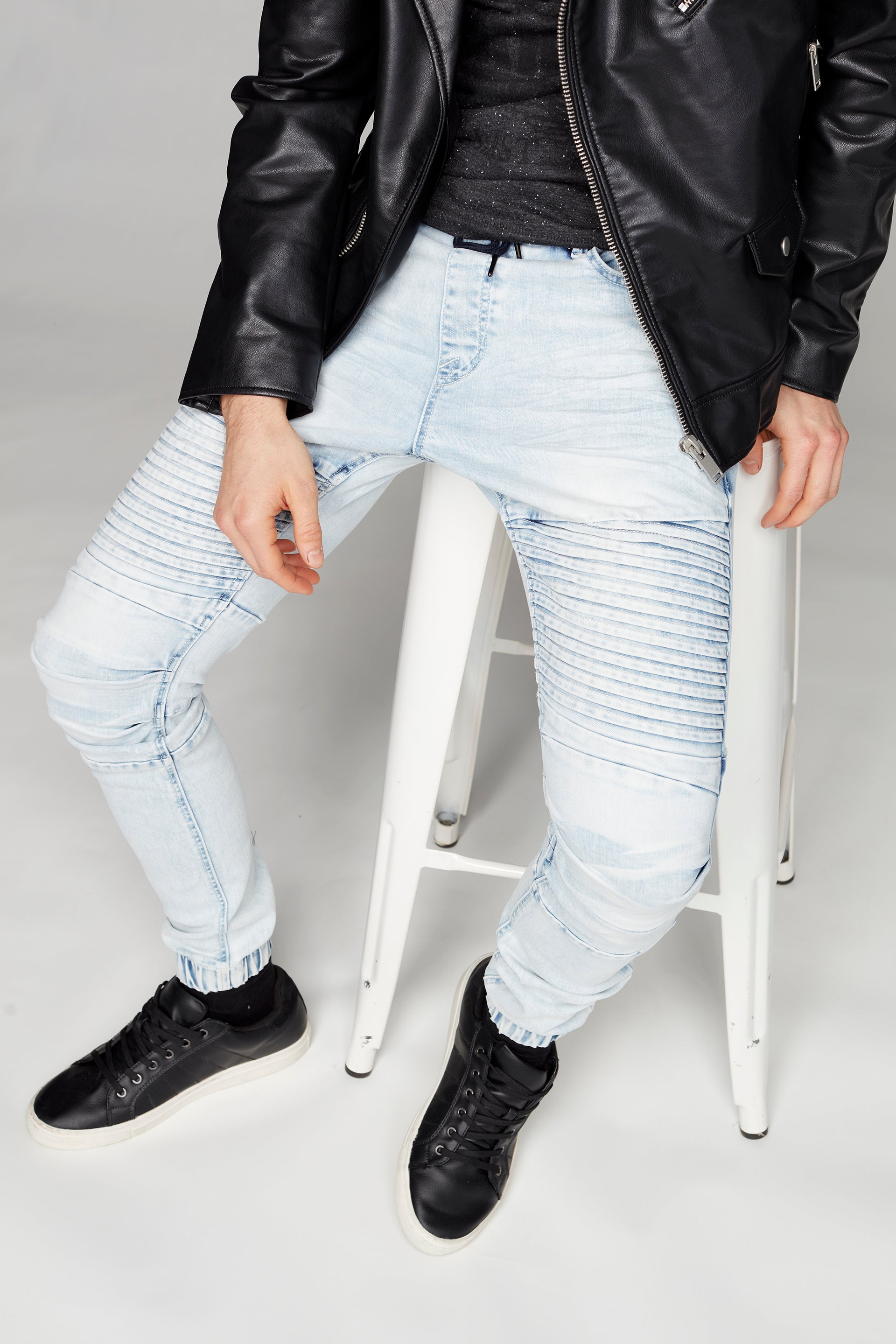 JACKSON - 5 Pocket Moto Pintuck Jogger - Light Indigo Acid Wash - DENIM SOCIETY™