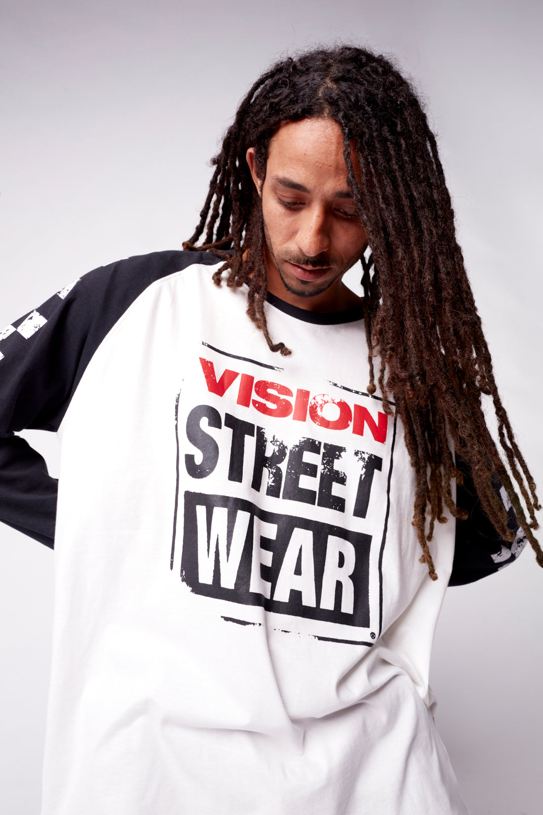 Vision Street Wear Checker Print Sleeve Logo T-Shirt Ivory & Black